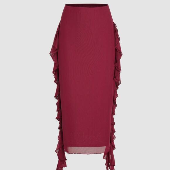 NWT CIDER Midi Skirt XS Cascading Ruffle Mesh Maxi Elastic Waist Pull On Red - Picture 1 of 10